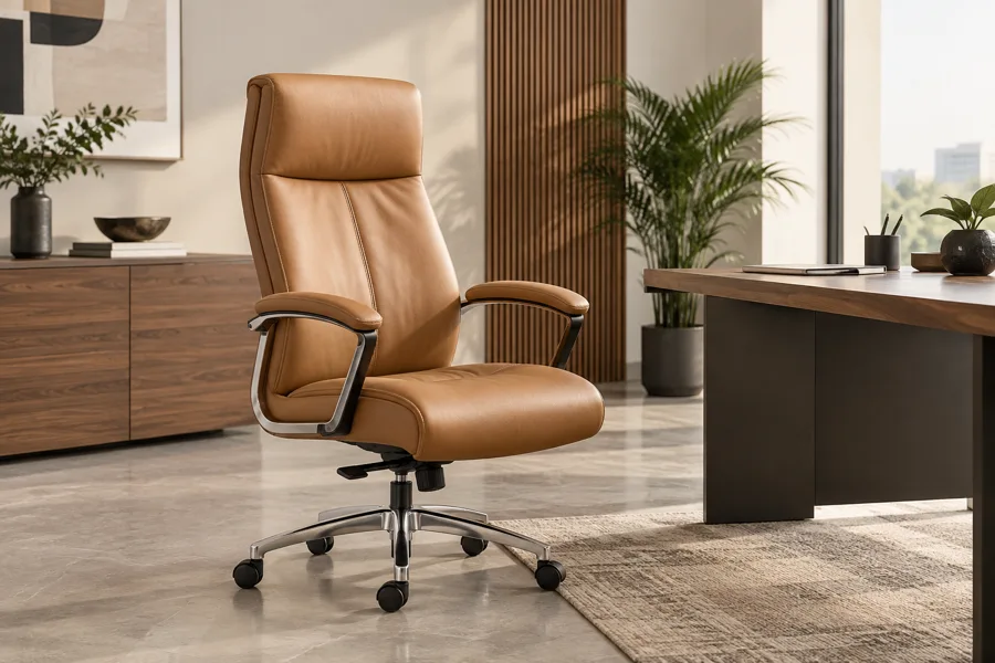 Camel leather chair with padded arms