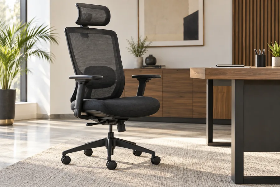 Black mesh executive chair with adjustable headrest