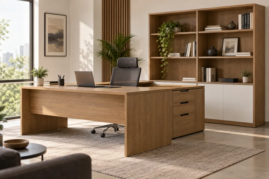 Oak l-shaped cabin desk and bookshelf