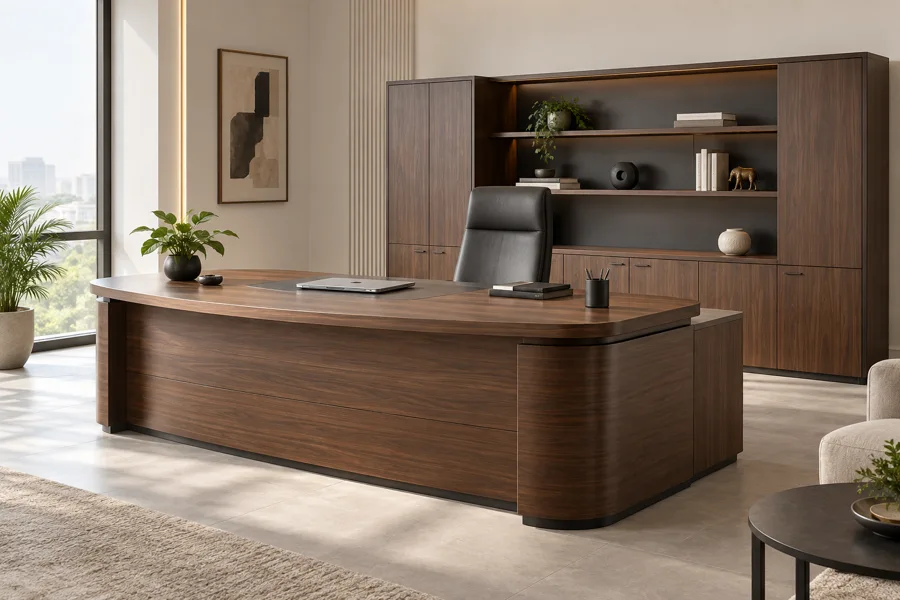 Curved walnut cabin desk and storage suite