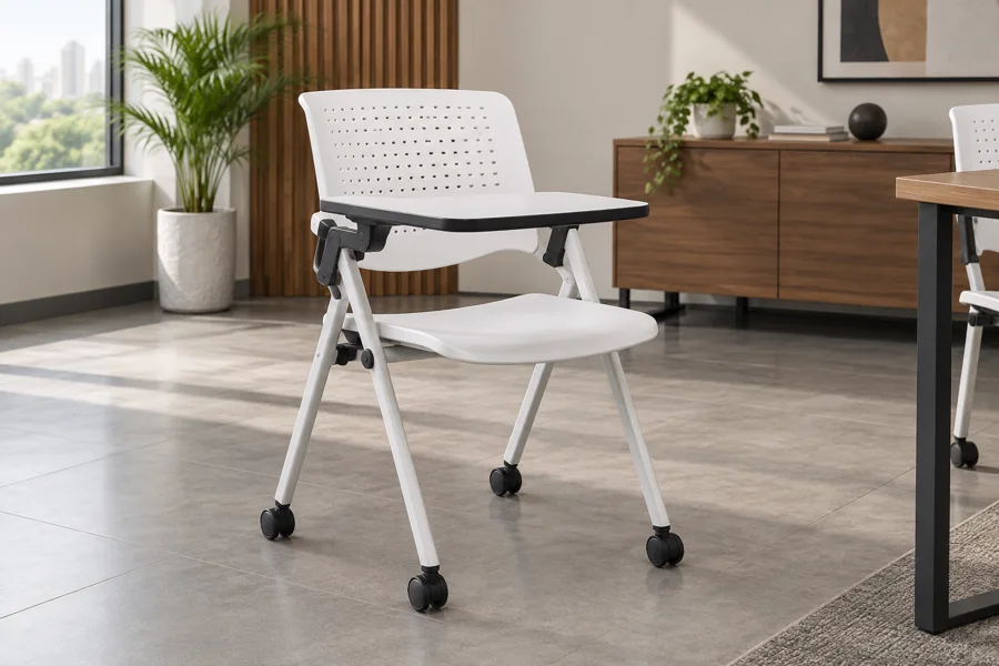 Folding white lecture chair with writing tablet