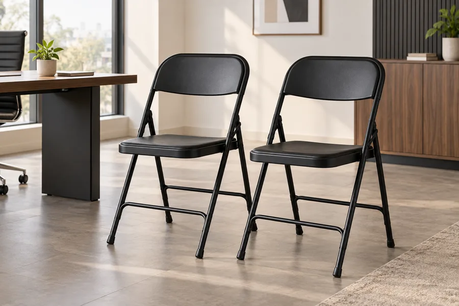 Two folding visitor chairs in black metal