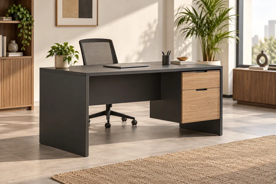 Minimal charcoal desk with oak drawer