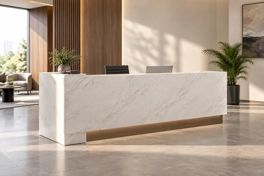 Stone-effect white reception desk
