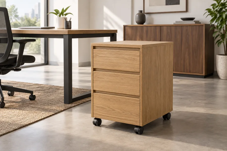 Oak mobile three-drawer pedestal