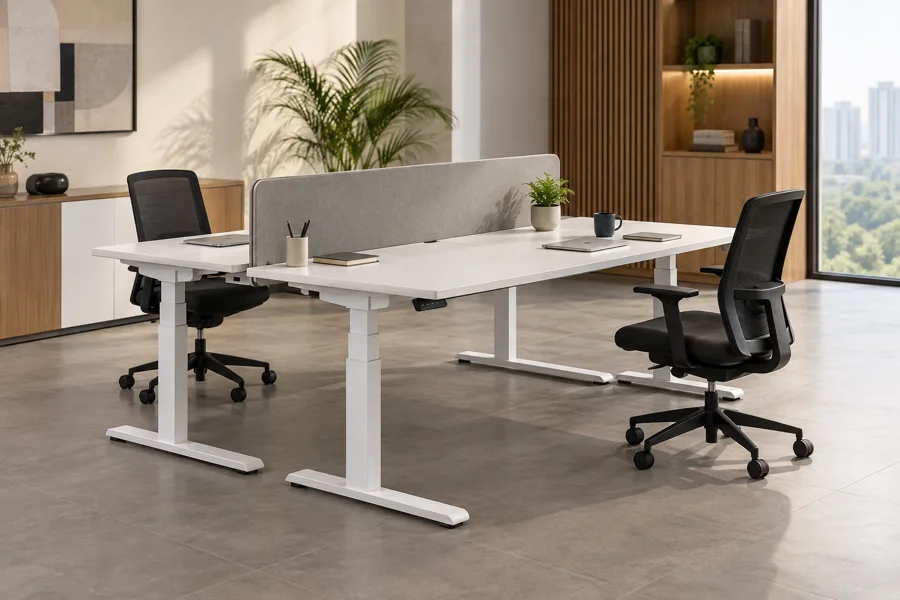 Height adjustable paired white workstations